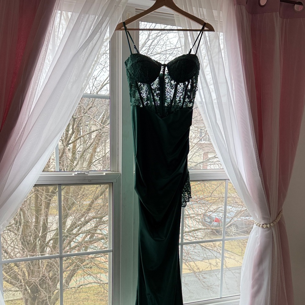 B Darlin Forest Green Lace Bustier Prom Gown